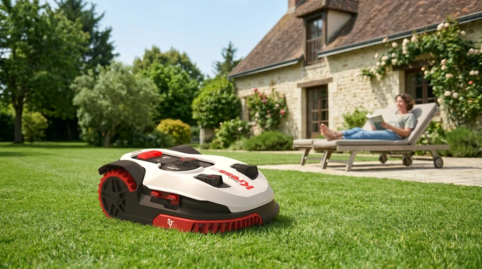 Une photographie en extérieur montrant un robot tondeuse moderne et compact en action sur une pelouse verte bien entretenue. Le robot est visible au premier plan, en train de tondre le gazon. En arrière-plan, flou mais reconnaissable, un propriétaire détendu profite de son jardin - assis sur une chaise longue, lisant ou observant tranquillement son extérieur. La scène illustre le contraste entre l'autonomie du robot et la détente du propriétaire. Lumière naturelle, jardin résidentiel typique, robot de couleur sobre (noir, gris ou blanc).