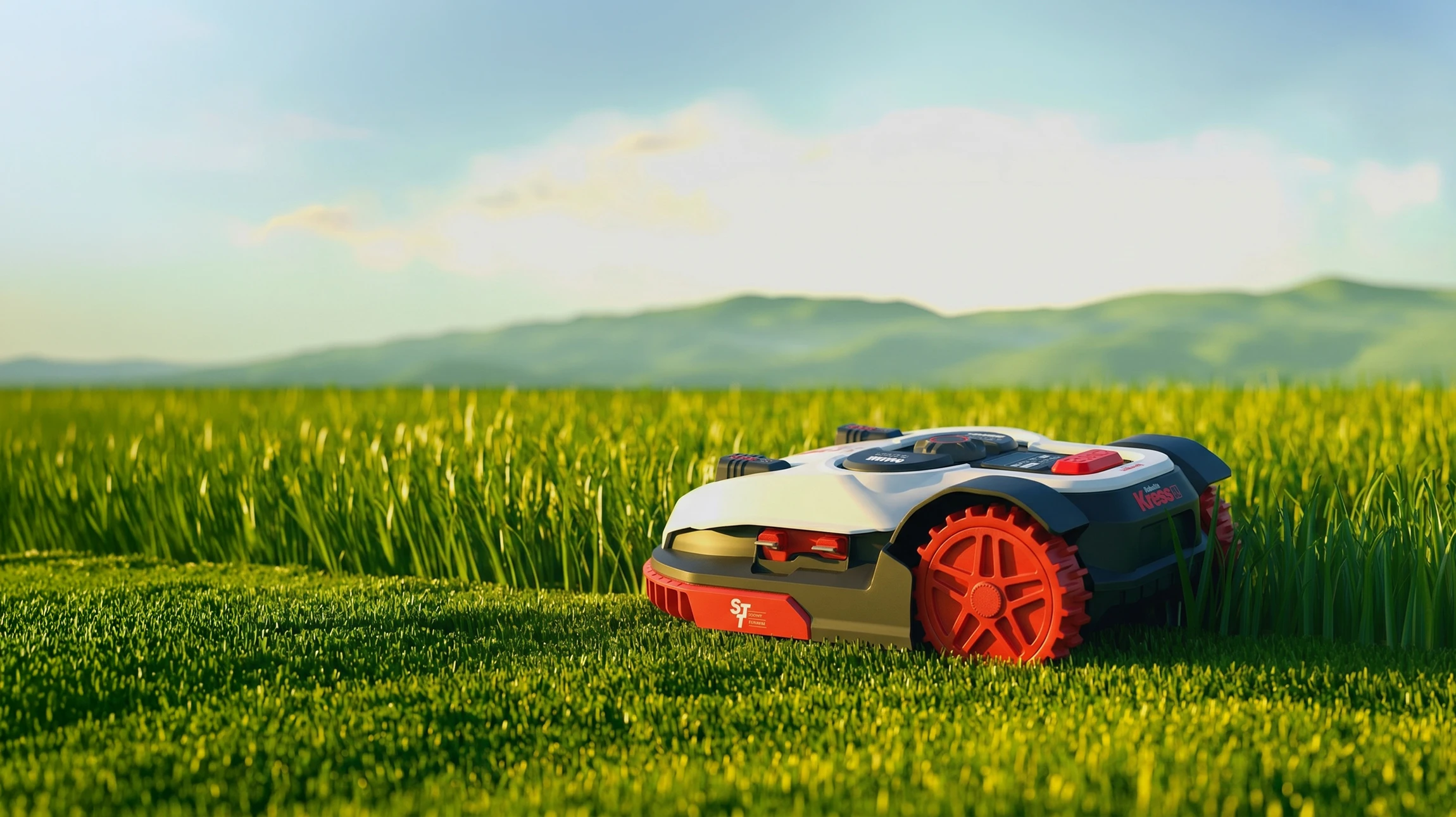 Scène extérieure de jardinage avec robot tondeuse autonome Husqvarna en fonctionnement sur pelouse verte